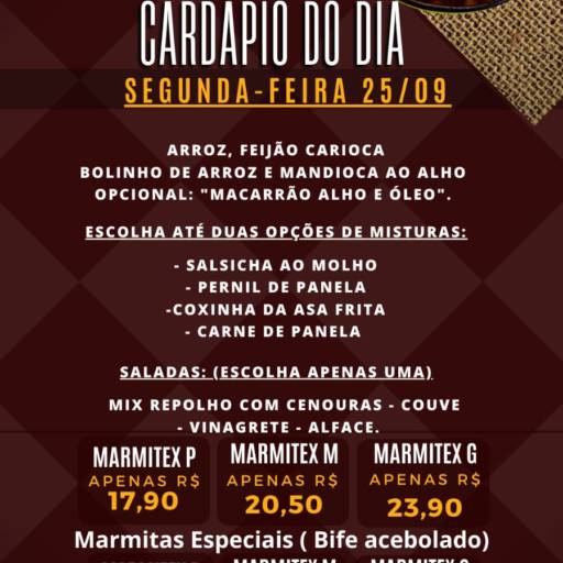 Cardápio de marmitex da segunda feira em bauru em Bauru SP