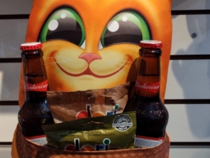 Linda Almofada em forma de gato com bolso escrito para o meu gatinho, com 2 cervejas e amendoins  !