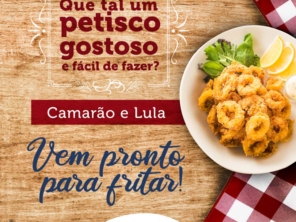 Camarão empanado recheado com queijo e lulas em anéis empanadas