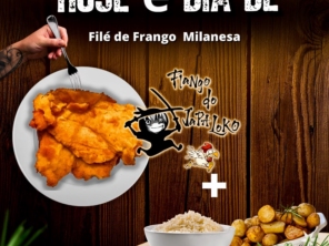 Filé de frango á milanesa empanado com farinha panko, acompanha arroz branco ou galinhada e batata rústica.