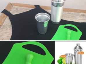 Avental para personalizar ou até mesmo não personalizar e um kit caipirinha.