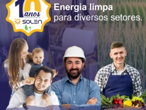 Banner comemorativo de 10 anos da Solen Energia Solar destacando energia limpa para famílias, agricultores e trabalhadores