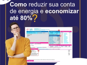 Infográfico explicativo de como reduzir a conta de energia usando a Solen Energia Solar, com exemplo de fatura e cálculos de economia