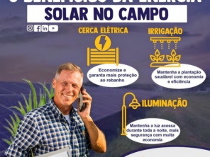 Banner explicativo mostrando três benefícios da energia solar no campo, incluindo economia, irrigação eficiente e iluminação contínua