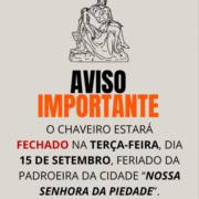 Chaveiro Tata estará fechado no dia 15 de setembro!