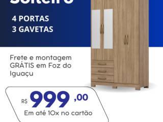 Guarda-roupa Solteiro - 4 portas e 3 gavetas