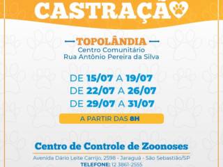 Prefeitura realizará 2°Circuito de castração de cães e gatos Topolândia.