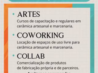 Aqui a cerâmica e a marcenaria se unem em um ambiente inspirador, onde a criatividade flui e as ideias ganham vida!