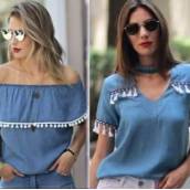  Blusa Jeans Ciganinha com PomPom (Disponível no Tamanho: 40)./ Blusa Jeans Gola Chocker com Franjas (Disponível nos Tamanhos: 38 e 40)