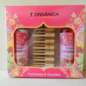 FRAMBOESA & ORQUÍDEA ORGÂNICA - KIT LOÇÃO HIDRATANTE + SABONETE LÍQUIDO + PENTE