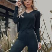 Conjunto Moletinho Feminino Gola V Preto