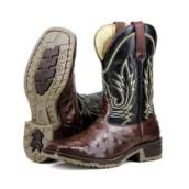 Bota Texana Couro Estampa Avestruz Solado Antiderrapante - Cor Marrom Preto