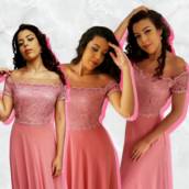 Vestido rosa em crepe e renda