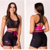 Conjunto de Shorts Leggin com Top fitness rocket nadador com tela preto/rosa 