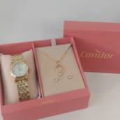 Kit de Relógio Condor Feminino Dourado - Coração Vazado e ponto de luz
