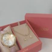 Kit de Relógio Condor Feminino Dourado Couro Rosado