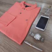 Camiseta Polo Masculina de Malha e Manga Longa  (Disponível nas Cores e Tamanhos: Coral: GG /  Mescla: GG