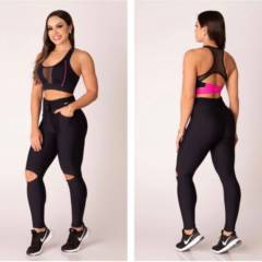 Conjunto de Calça Leggin com Top fitness rocket nadador com tela preto/rosa
