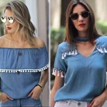 Comprar o produto de  Blusa Jeans Ciganinha com PomPom (Disponível no Tamanho: 40)./ Blusa Jeans Gola Chocker com Franjas (Disponível nos Tamanhos: 38 e 40) em Roupas e Acessórios em Bauru, SP por Solutudo