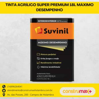 Comprar o produto de TINTA ACRÍLICO SÚPER PREMIUM 18 L - MÁXIMO DESEMPENHO em Tintas e Impermeabilizantes pela empresa Construmax Materiais para Construção em Riviera de Santa Cristina XIII, SP por Solutudo