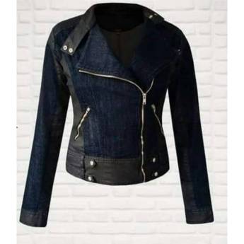 Comprar o produto de Jaqueta Jeans Lavagem Escura e detalhes em Couro Eco (Disponível nos Tamanhos: 38 e 40) em Roupas e Acessórios em Bauru, SP por Solutudo