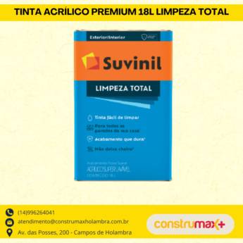 Comprar o produto de TINTA ACRÍLICO PREMIUM 18 L - Limpeza Total em Tintas e Impermeabilizantes pela empresa Construmax Materiais para Construção em Riviera de Santa Cristina XIII, SP por Solutudo