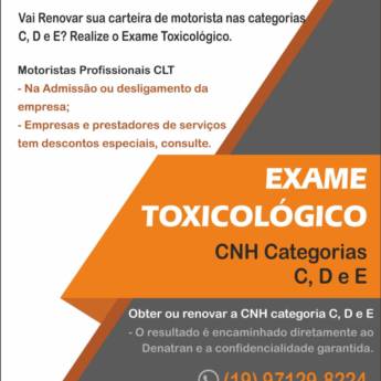 Comprar o produto de Vai renovar sua carteira de motorista nas categorias de C, D e E? Realize o Exame Toxicológico em Laboratórios Clínicos em Piracicaba, SP por Solutudo