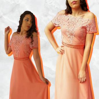 Comprar o produto de Vestido em crepe e tule bordado em pedraria em Vestidos de Festa em Uberlândia, MG por Solutudo