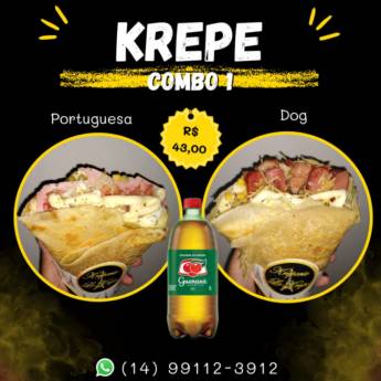 Comprar o produto de Combo 1: Crepe Portuguesa + Crepe Dog + guaraná 1 litro em Combos Promocionais  em Bauru, SP por Solutudo