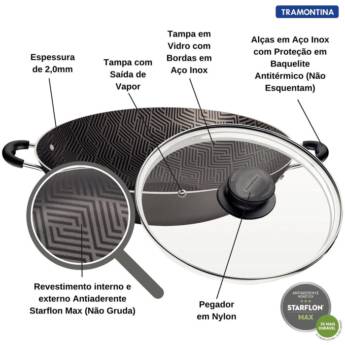 Comprar o produto de Panela Antiaderente Wok 36cm Paris Chumbo - Tramontina em Panelas pela empresa Casa Vitória em Foz do Iguaçu, PR por Solutudo