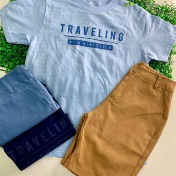 Comprar o produto de Conjunto camiseta azul com bermuda marrom  em Conjuntos Infantis em Foz do Iguaçu, PR por Solutudo