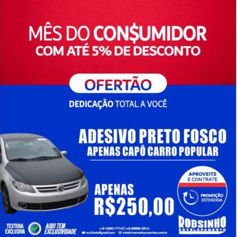 Comprar o produto de Adesivo Preto Fosco Capô • R$250,00 em Ofertas pela empresa Robsinho Envelopamento & Comunicação Visual Atibaia em Atibaia, SP por Solutudo