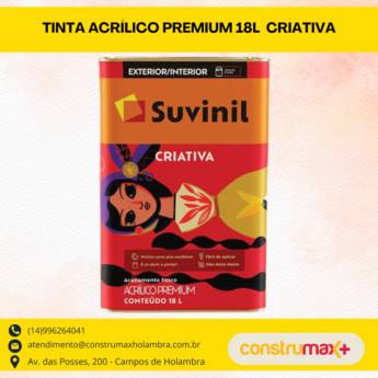 Comprar o produto de TINTA ACRÍLICO PREMIUM 18 L - CRIATIVA em Tintas e Impermeabilizantes pela empresa Construmax Materiais para Construção em Riviera de Santa Cristina XIII, SP por Solutudo