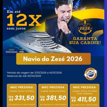 Comprar o produto de Rumo à Emoção – Navio do Zezé 2026 em Ofertas: Hotéis e Viagens em Mineiros, GO por Solutudo Comprar o produto de Rumo à Emoção – Navio do Zezé 2026 em Ofertas: Hotéis e Viagens em Mineiros, GO por Solutudo