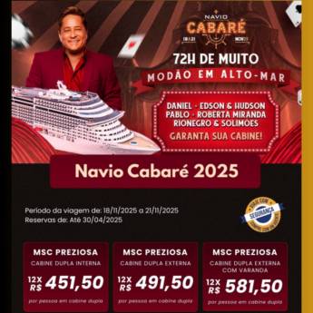 Comprar o produto de Balada no Mar – Navio Cabaré 2025 em Ofertas: Hotéis e Viagens em Mineiros, GO por Solutudo Comprar o produto de Balada no Mar – Navio Cabaré 2025 em Ofertas: Hotéis e Viagens em Mineiros, GO por Solutudo