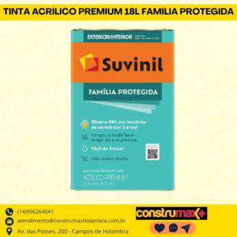 Comprar o produto de TINTA ACRÍLICO PREMIUM 18 L - FAMÍLIA PROTEGIDA em Tintas e Impermeabilizantes pela empresa Construmax Materiais para Construção em Riviera de Santa Cristina XIII, SP por Solutudo