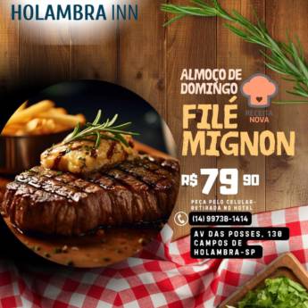 Comprar o produto de Almoço de Domingo – Filé Mignon R$79,90 no Hotel Campos de Holambra em Riviera de Santa Cristina XIII – SP em Restaurantes em Riviera de Santa Cristina XIII, SP por Solutudo