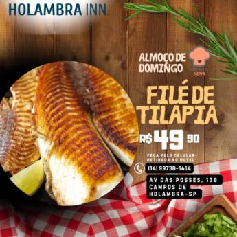 Comprar o produto de Almoço de Domingo – Filé e Tilápia R$49,90 no Hotel Campos de Holambra em Riviera de Santa Cristina XIII – SP em Restaurantes em Riviera de Santa Cristina XIII, SP por Solutudo