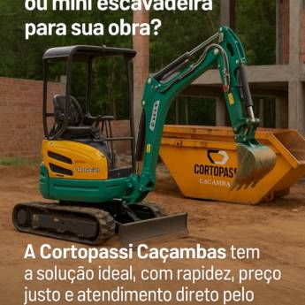 Comprar o produto de Aluguel de Mini-escavadeira no Guarujá em Locação e Comércio de Máquinas pela empresa Cortopassi Locações - Caçambas e Mini-Escavadeiras em Guarujá, SP por Solutudo