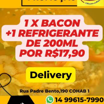 Comprar o produto de 1X Bacon + 1 Refrigerante de 200ml - R$17,90 em Categoria Inativa - Lanches em Botucatu, SP por Solutudo