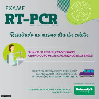 Comprar produto Exame RT-PCR - Diagnóstico da COVID-19 em Diagnósticos Laboratoriais pela empresa Unimed - Hospital Dr. José Silva Dantas Filho em Itapetininga, SP