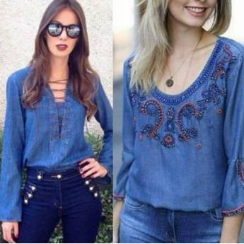 Comprar o produto de Camisa Jeans c/Ilhós e Amarração (Tamanho: 42) Bata Jeans Bordada c/Miçangas (Tamanho: 42) em Roupas e Acessórios em Bauru, SP por Solutudo