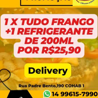 Comprar o produto de 1 X Tudo Frango +1 Refrigerante de 200ml R$25,90 em Lanches em Botucatu, SP por Solutudo