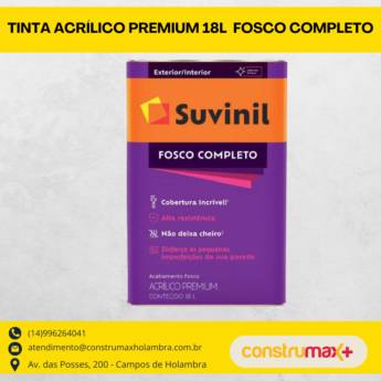 Comprar o produto de TINTA ACRÍLICO PREMIUM 18 L - FOSCO COMPLETO em Tintas e Impermeabilizantes pela empresa Construmax Materiais para Construção em Riviera de Santa Cristina XIII, SP por Solutudo