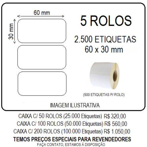 Comprar o produto de ETIQUETA BALANÇA 60x30 - 5 ROLOS em Indústria Gráfica e Impressão pela empresa Sergipe Etiquetas em Aracaju, SE por Solutudo