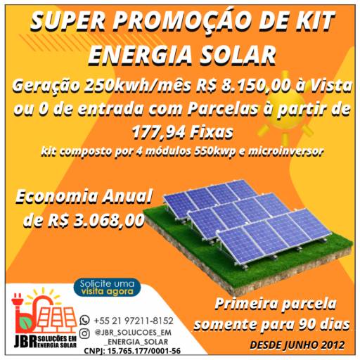 Comprar a oferta de Promoção kit energia solar  em Energia Solar pela empresa JBR Soluções em Energia Solar em São Gonçalo, RJ por Solutudo