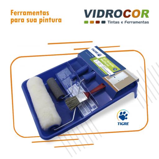 Tigre Kit 5 peças / rolo, suporte, trincha, rolo de espuma e bandeja