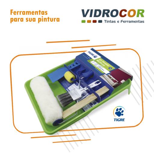 Tigre Kit 7 peças / rolo, suporte, trincha, espátula, mexedor, rolo de espuma pequeno e bandeja