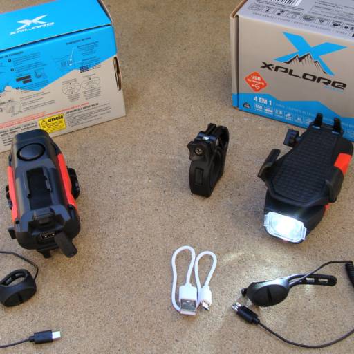 Farol de led 550 lumens para bicicleta 4 em 1 com buzina suporte de celular e power bank resistente a chuva X-plore em Bauru, SP por Two Force Bike Shop