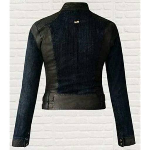 Jaqueta Jeans Lavagem Escura e detalhes em Couro Eco (Disponível nos Tamanhos: 38 e 40) em Bauru, SP por Blessing Store 